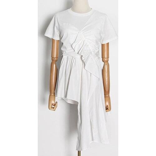 SeeBeautiful Simple O Neck Short Sleeve Patch Irregular Pleated Ruffles Loose Dress Woman Spring 2021 New Fashion T150