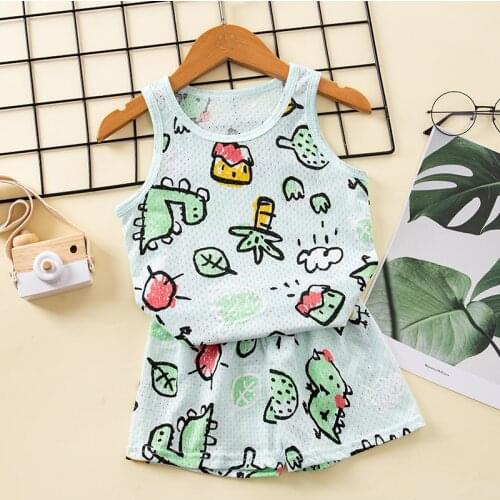 Baby Boy Vest Shorts Suit 100% Cotton Hollow Summer Kids Clothes Boys Baby Set Sleeveless Crocodile Dinosaur Tshirt Short Pants