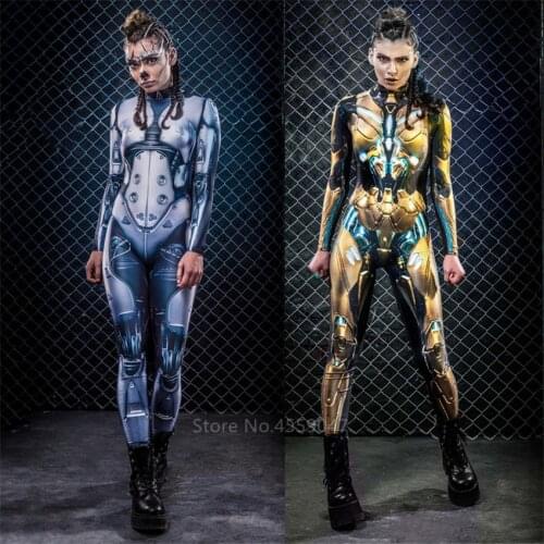 Gold Mechanic Sexy Fancy Jumpsuit Halloween Costume for Women Adult Steampunk The Future People Robot Tactical Cosplay Party
