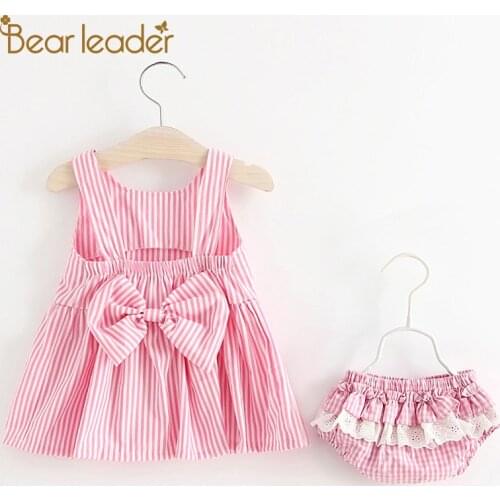 Bear Leader Baby Girls Striped Clothing Sets 2021 New Summer Newborn Boys Bow-knot Dress And Panties Outfit Toddler Cute Clothes