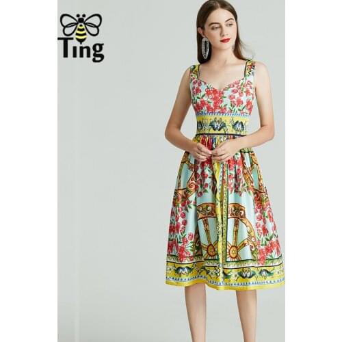 Tingfly Summer Boho Casual Sleeveless Floral Dress Bohemian Elastic High Waist Vintage Printing Vacation Vestidos A Line Robes