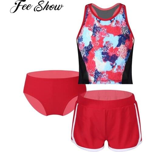 Kids Girls Sport Suit 2021 Sleeveless Racer Back Swim Vest Tops with Briefs and Shorts Set for Running Exercise Sports Workout