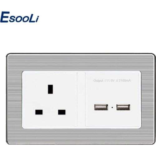 Esooli 146*86mm UK Standard Power Outlet With Dual USB Charge Port For Mobile 5V 2.1A Stainless Steel Panel Electric Socket
