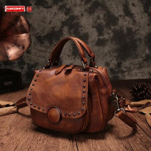 European Station Retro Leather Women Handbags Cowhide Leather Bag Cover Soft Handle Bill of Lading Shoulder Diagonal Small Bags