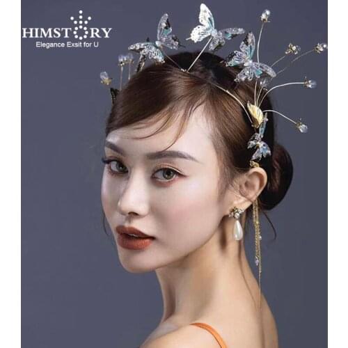 European Blue Butterfly Wedding Hairband Handmade Crystal Brides Hair Tiara Crown Bridal Headband Accessories