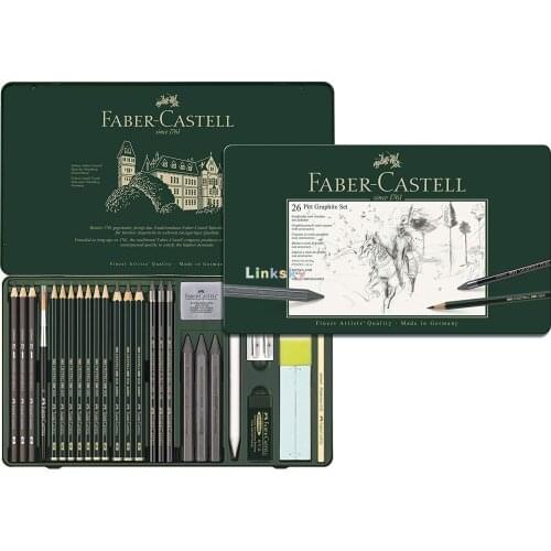 Faber-Castell 26 Piece Pitt Graphite Tin Set,112974, Pencils and Crayons In Different Grades for Sketching, Graphic Design