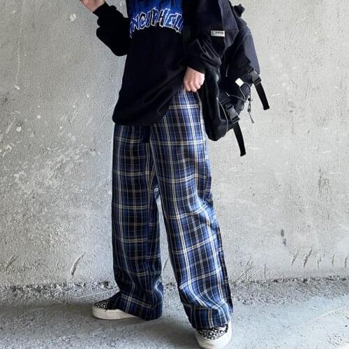 Korean version of Harajuku Plaid Pants Womens Spring 2021 Retro Plaid Personalized Pants Wide Leg Pants Fashion Unisex Headwear