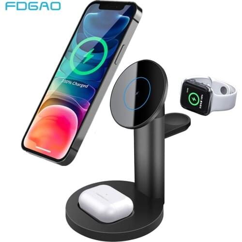 Metal 3 in 1 Magnetic Wireless Charging Station 15W Fast Charger Stand for iPhone 12 Pro Max Mini Apple Watch Airpods Pro iWatch