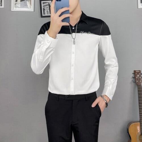 Hot Sale Autumn Winter New Fashion Patchwork Color Shirt Men Clothing 2021 Simple Long Sleeve Slim Fit Casual Chemise Homme 3XL
