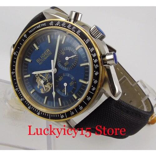 BLIGER 40mm Automatic Men Watch Glass Date Blue Dial Round Case Leather Band