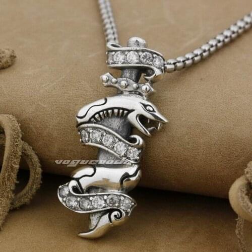 White CZ Stone Snake 925 Sterling Silver Mens Biker Rock Punk Pendant 9H022