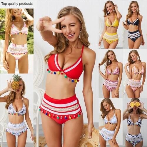 Sexy High Waist Bikini Bating Suit Swimwear Women Bikinis 2020 Mujer Tassel Pompom Swimsuit Mesh Womens Swimming Suit YQ373