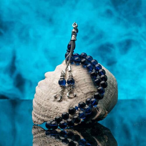 Silver Wavy Dark Blue Amber Gemstone Prayer Rosary Men Sphere Cut Rosary With Silver Tassel Turkish Tasbih With Moon Star Tassel
