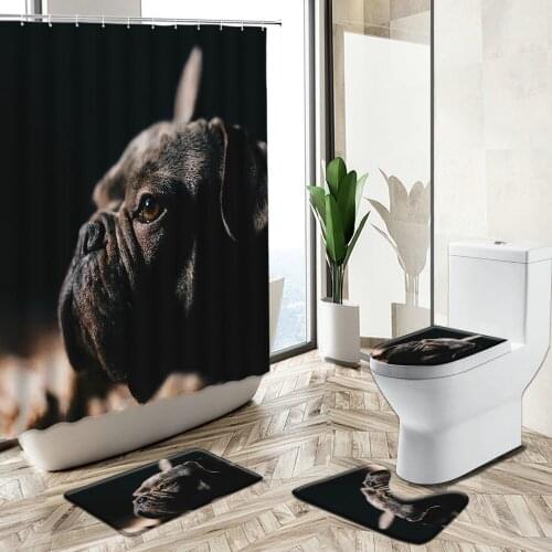 Dog Bulldog Printing Waterproof Shower Curtain Set Fun Pet Animal Pattern Bathroom Deco Non-Slip Rug Toilet Lid Cover Bath Mat