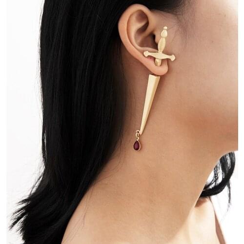 SRCOI Trendy Long Sword Hilt Stud Earring Cool Hip-Hop Geometric Metal Red Water-Drop Cross Earring Women Exaggerated Jewelry