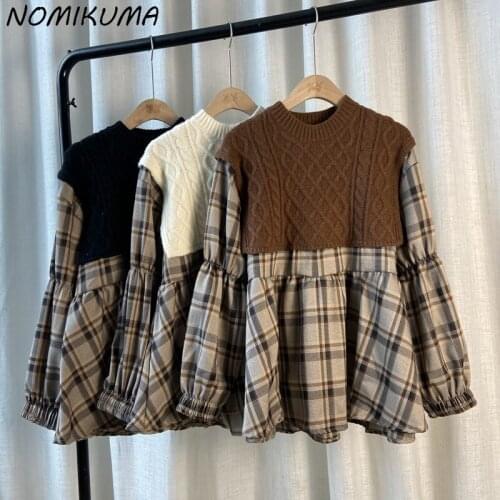 Nomikuma Fake Two Pieces Plaid Patchwork Knitted Sweaters Women Autumn Korean Doll Knitwear Causal Long Sleeve Pullovers 6Z013