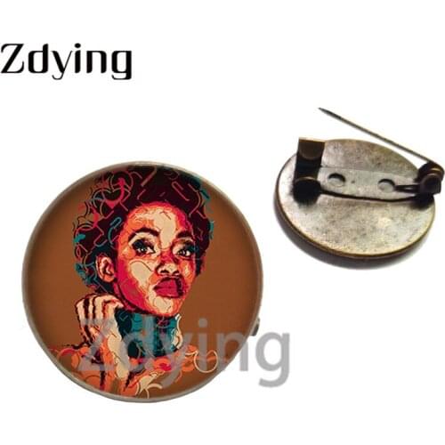 Zdying New Ethnic 20mm Glass Cabochon African Woman Girls Afro Oil Painting Metal Badge Alloy Brooch Pins Jewelry AF030