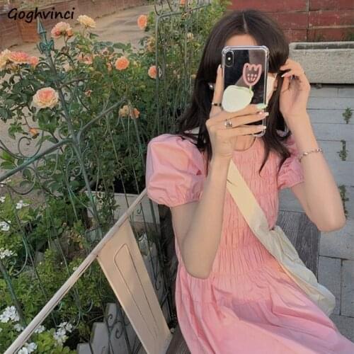 Dresses Women Ulzzang Simple Colorful Students Solid Fashion Puff Sleeve Female Lovely Aesthetic Basic Vintage All-match Casual