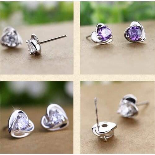 100% Genuine 925 Sterling Silver Woman Earring Elegant Purple CZ Crystal Heart Stud Earrings Antiallergic Fashion Jewelry