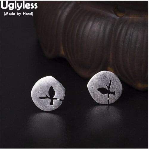 Uglyless 100% Real 925 Sterling Silver Hollow Bird Stud Earrings for Women Fine Jewelry Magpie Standing on Branch Studs Brincos