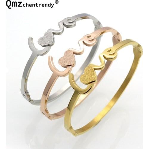 Top Quality Women Stainless Steel Romantic Bling Love Heart Bangle Bracelet Girls Charm Luxury Bangles Fine Jewelry