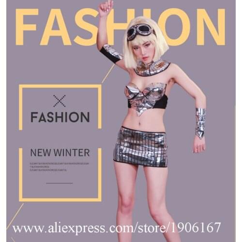 Nightclub Sexy Lady Silver Mirror Woman Suit Clothing Bar Dance Team Dress Alternative Design Performance Ballroom Costumes