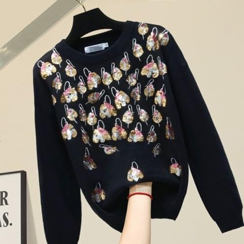 Winter Runway Sweater Women Luxury Brand Design Elegant High Quality New Fall Sequins Beaded Embroidered Loose Warm Knitted Tops