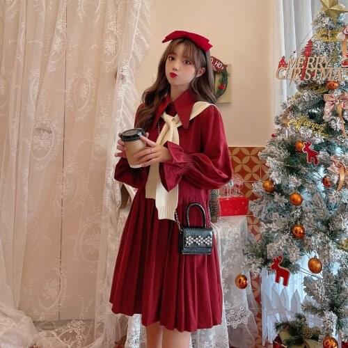 2020 New Autumn and Winter Korean Style Loose Retro Slimming Small Knitted Shawl Long Sleeve sweet lolita dress goth lolita