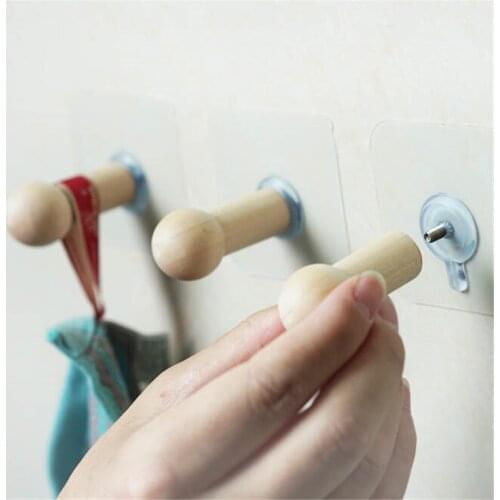 1PCS Self Adhesive Clothes Hooks No Drills Wooden Wall Mounted Key Hook Towel Hanger
