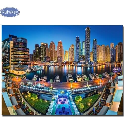 5d DIY Diamond Painting Dubai Marina city night Full square resin rhinestones 3D Mosaic diamond embroidery Landscape,KUFKWEY