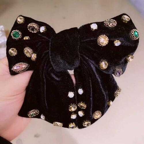 Retro Velvet Large Bow Hairpins Spring Hair Clip Crystal Rhinestone Luxury Barrette Headwear Hair Accessories for Women Girls