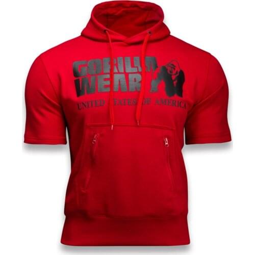 Muscle Brothers Sports Short Sleeved Red Sweater Spring Running Training Muscle Fitness Hooded Pullover Men