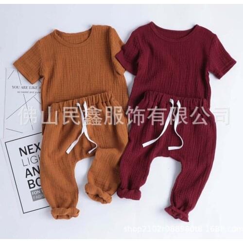 Cotton Linen Casual Toddler Baby Girls Boys Clothes Set Solid Tops T-Shirts+Pants 2pcs Kids Children Outfits Summer Home Clothes