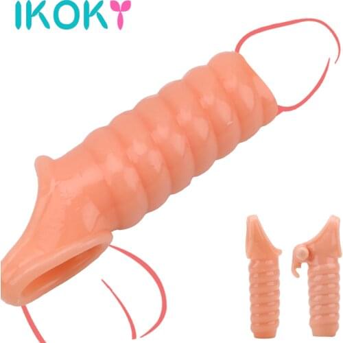 IKOKY Dildo Extender Erotic Vibrating Sleeve Penis Enlargement Rings Cock Massager Reusable Sex Toys for Men