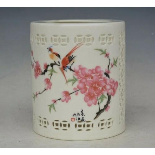Chinese porcelain Flowers and birds Pen Pencil Vase Brush Pot