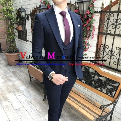Classic Navy Blue Men Suits 3 Piece Slim Fit Business Suits Groom Tuxedos For Men Wedding Suits (Blazer+Pants+Vest) Traje Hombre