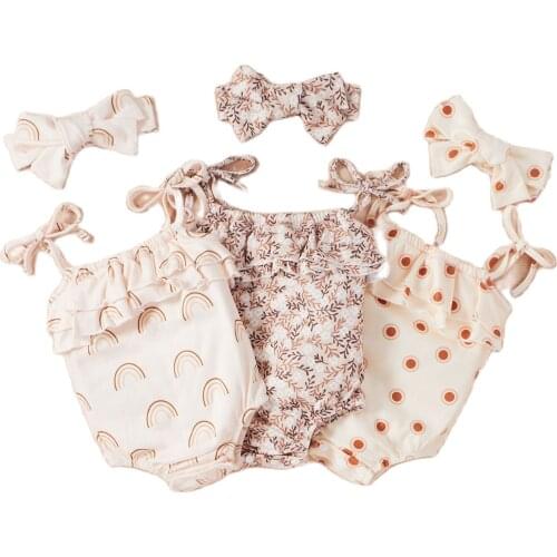 0-24M Cute Summer Infant Baby Girl Sumemr Romper Off Shoulder Ruffle Collar Floral/Dot Print Sleeveless Strap Playsuit 2pcs 2021