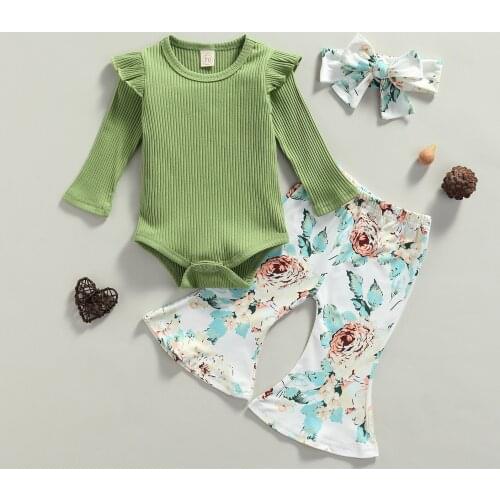 Emmababy 3 Pcs Spring Autumn Baby Girl Clothes Set Solid Color Knitted Long Sleeve Romper and Flower Trumpet Pants with Headband
