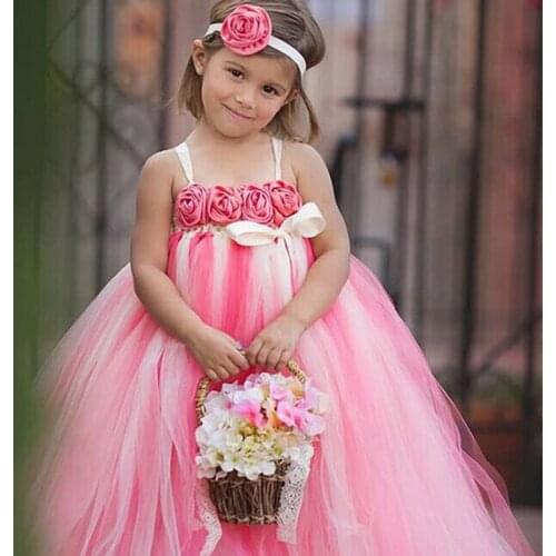 Beautiful Girls Flower Dress Kids Crochet Tulle Strap Dresses Ball Gown with Ribbon Bow and Headband Children Party Tutu Dress