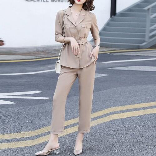 Summer Casual Work Pant Suits 2 Piece Set For Women Suits Set Short Sleeve Belt Blazer And Pencil Pant Office Lady Suit