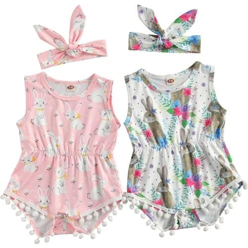 Citgeett Summer Easter Baby Girls Outfits Cute Rabbit Floral Print Sleeveless Bodysuit Headband 2Pcs Clothes Set
