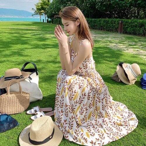 2021 Summer Beach Skirt Womens Small Fresh Cottagecor Strap Leaky Shoulder Open Back Broken Flower Sleeveless Medium Long Dress