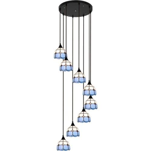 Tiffany chandelier Mediterranean blue stair chandelier long chandelier stairwell lamp Tiffany rotating stair light simple modern