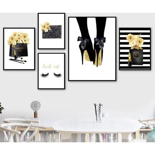 Fashion Poster Paris Perfume Flower Bag Girl High Heel Canvas Painting On The Wall Art Eyelashes Picture for Interior Room