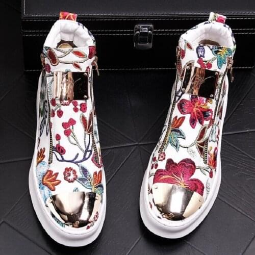 British Men Trendy flowers zipper Casual Flats high tops Shoes Male Wedding Moccasins Loafers