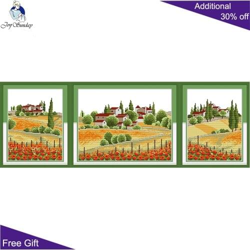 Joy Sunday Country View Scenic Home Decor F150(1)(2)(3) 14CT 11CT Counted Stamped Trees Flowers House Cross Stitch Kits