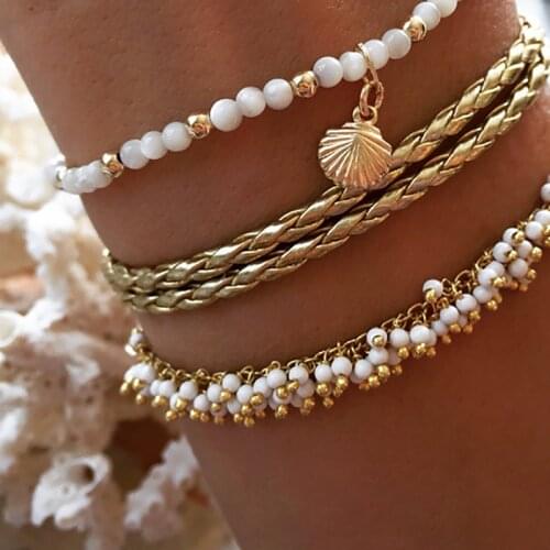 HuaTang 3pcs Boho Seed Beads Shell Pendant Anklet Set for Women Multilayer Braided Rope Foot Chains Beach Jewelry Tobillera 8408