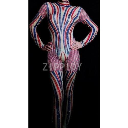 Birthday Outfit Diamonds Clothes Nightclub Bar DJ Women Singer Show Bodysuit Bright Blue Red Stones Mesh Jumpsuit Womens