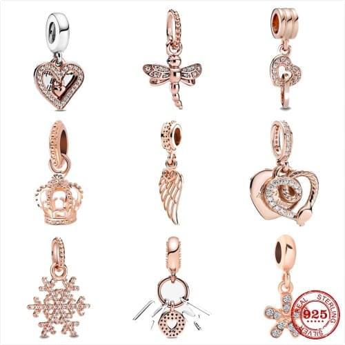 The new Rose Gold Shiny Dragonfly Crown Snowflake Fit Pandora Charm Silver 925 Original Bracelet DIY Jewelry For Women