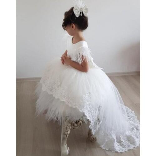 Cute White Baby Girl Dresses Feather Lace Puffy Tulle High-Low Little Princess Infant Girl Birthday Dresses Party Gown